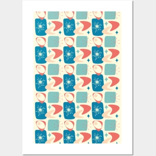 Atomic Age Mid-Century Pattern in Blue, Yellow, Peach and Dark Salmon Posters and Art